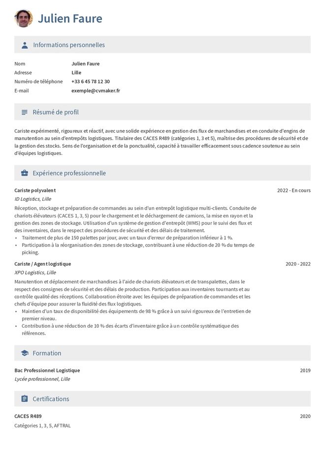 Modèles de CV Cariste
