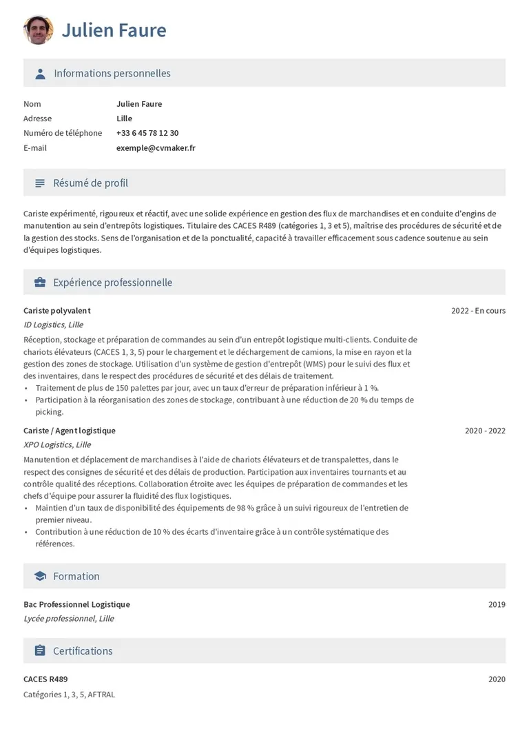 Modèles de CV Cariste
