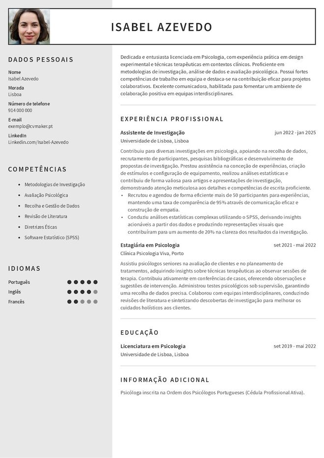 Exemplo de CV de psicologia