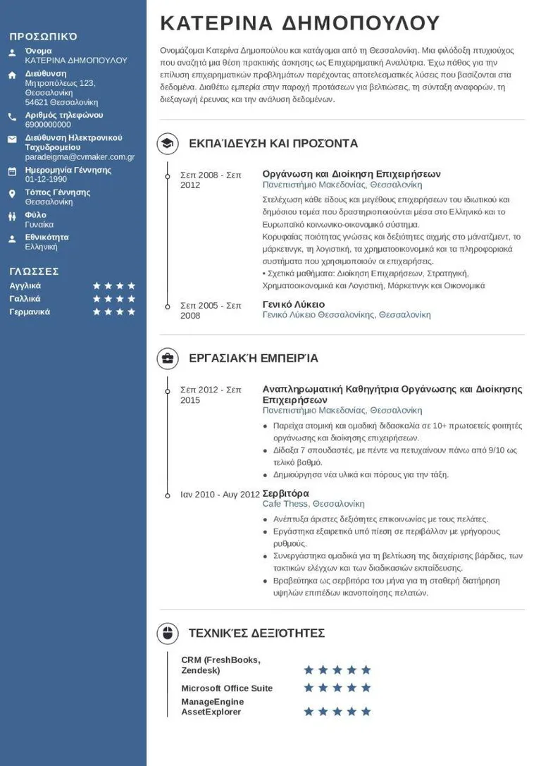 Παράδειγμα βιογραφικού πρακτικής άσκησης
