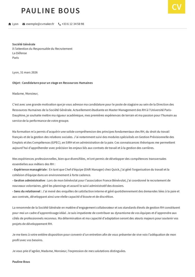 Exemple de bonne lettre de motivation