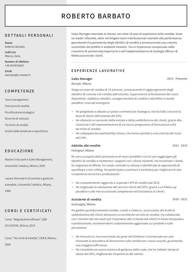 Esempio di curriculum da venditore class