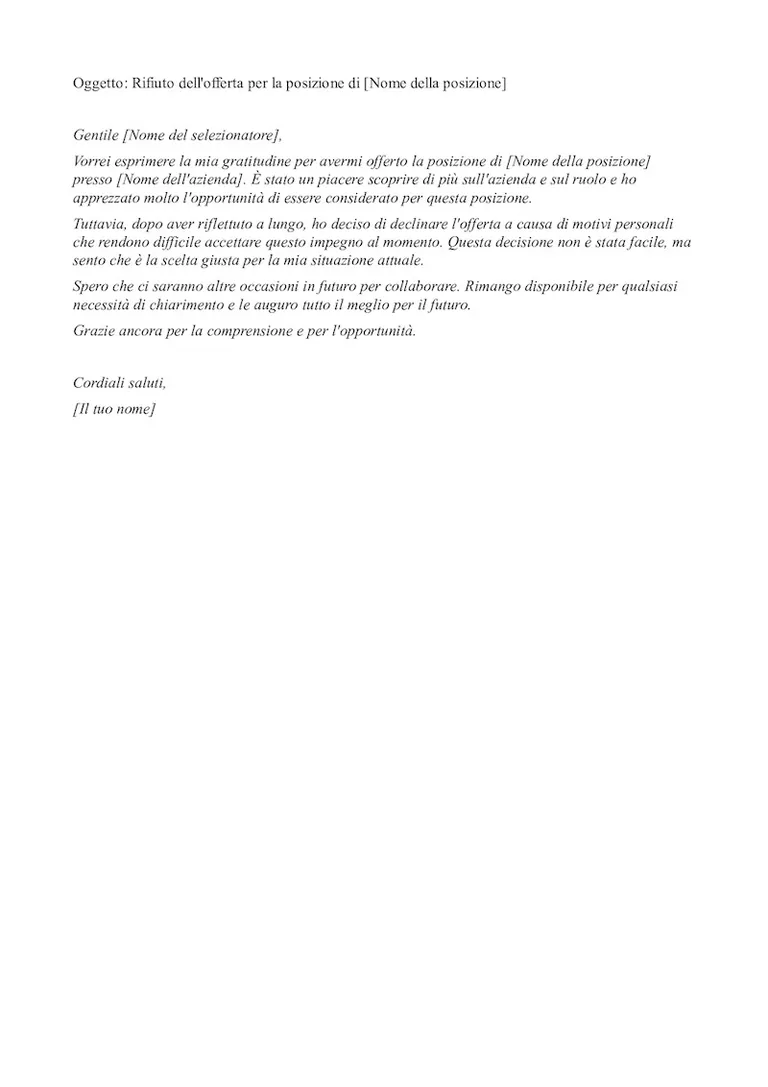 Esempio rifiuto per motivi personali