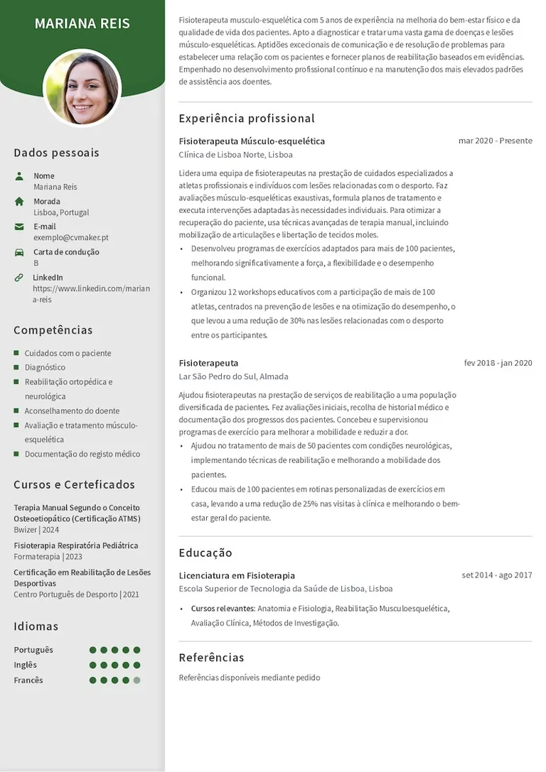 Exemplo de um CV de fisioterapeuta