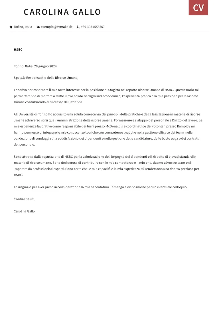 Esempio di lettera di presentazione per studente