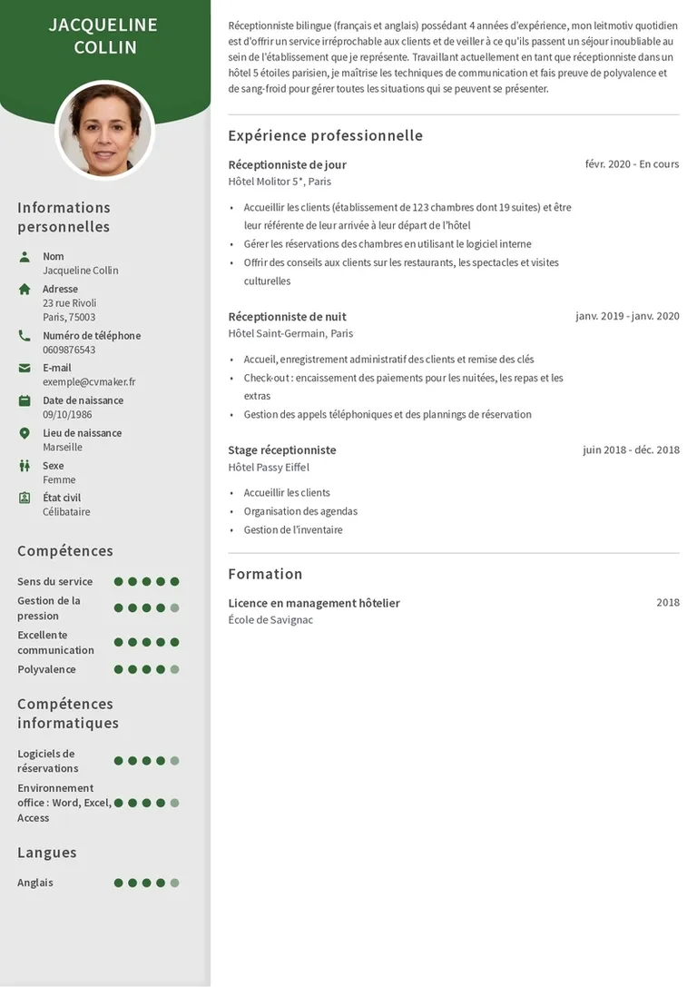CV réceptionniste exemple