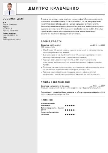 pезюме оператора call-центру