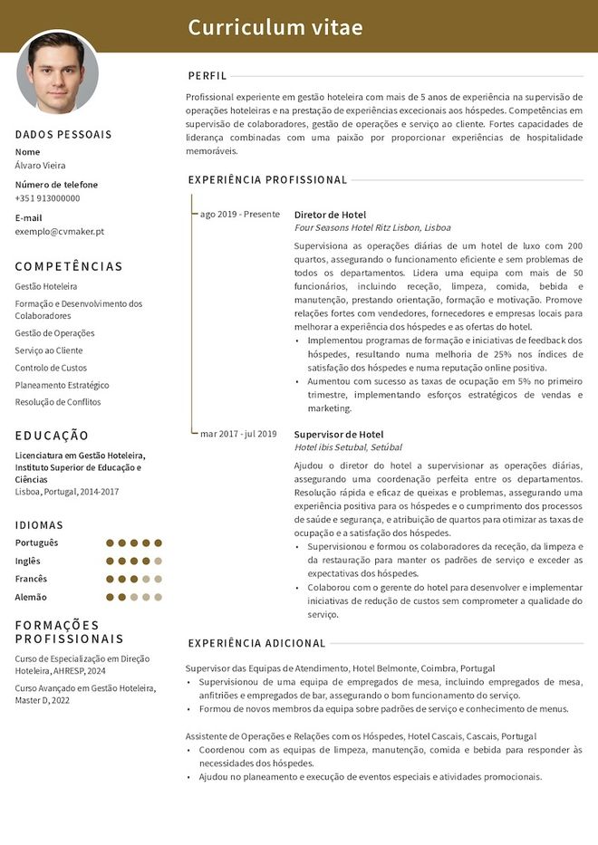 Exemplo de um curriculum vitae na área de hotelaria