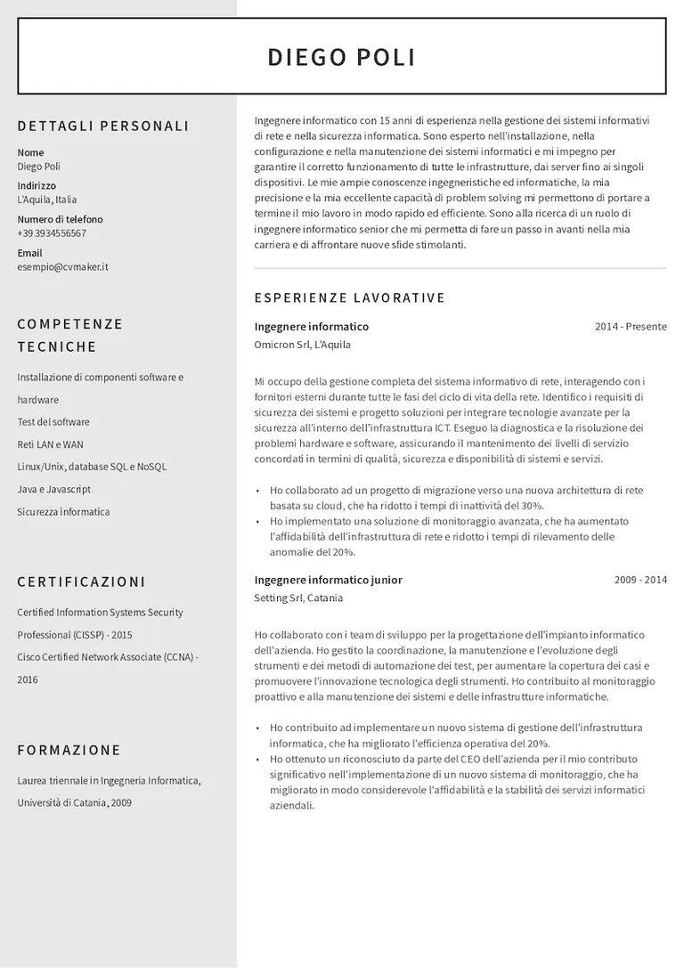Esempio di CV per ingegnere informatico