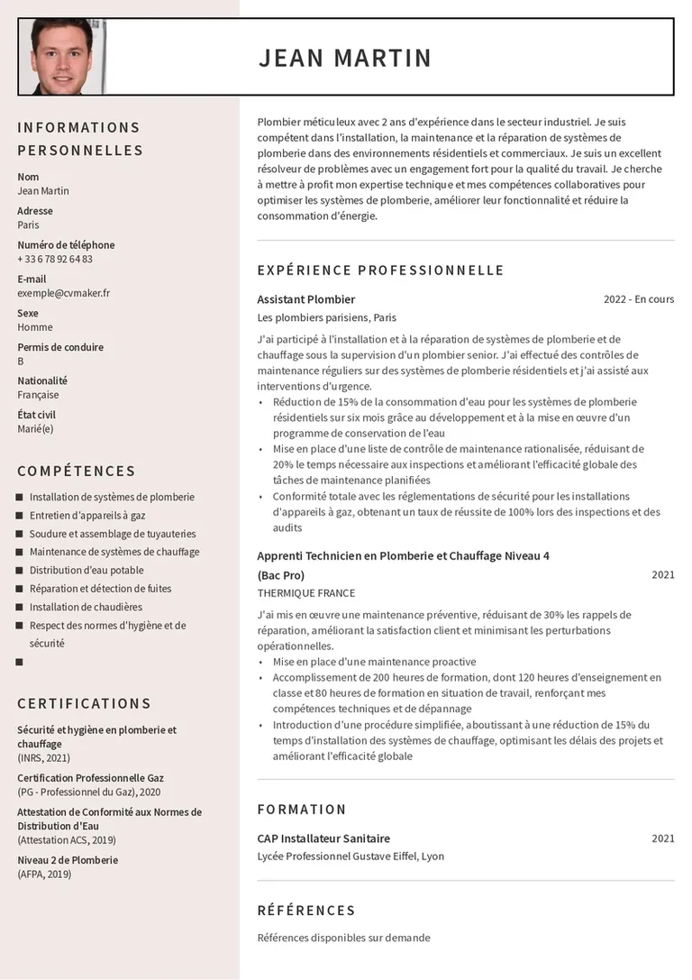 Modèles de CV pour plombier