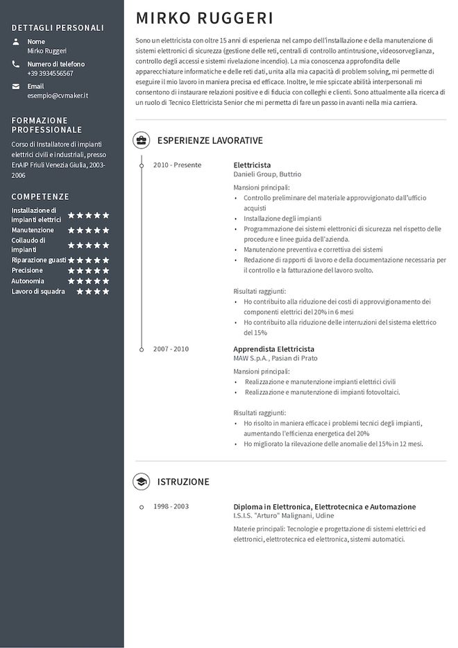 Esempio di curriculum da elettricista