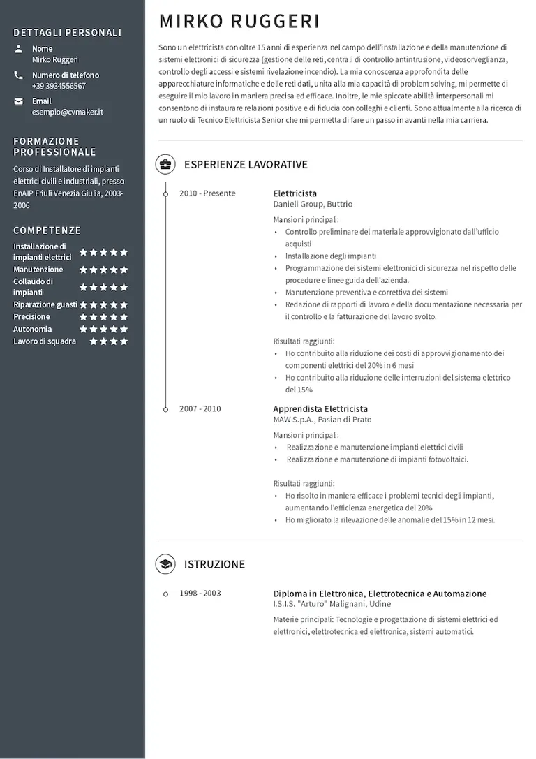 Esempio di curriculum da elettricista