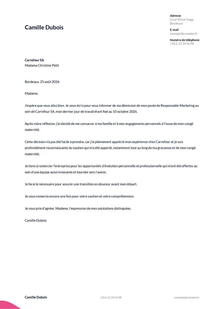Lettre de démission congé maternité