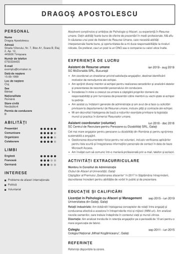 Exemplu de CV - absolvent de universitate care caută o funcție în Resurse Umane