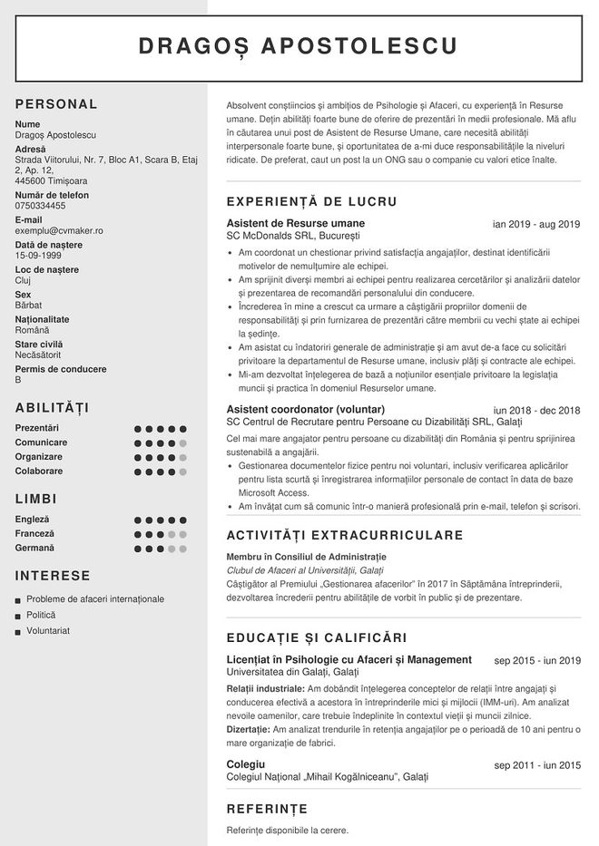 Exemplu de CV - absolvent de universitate care caută o funcție în Resurse Umane