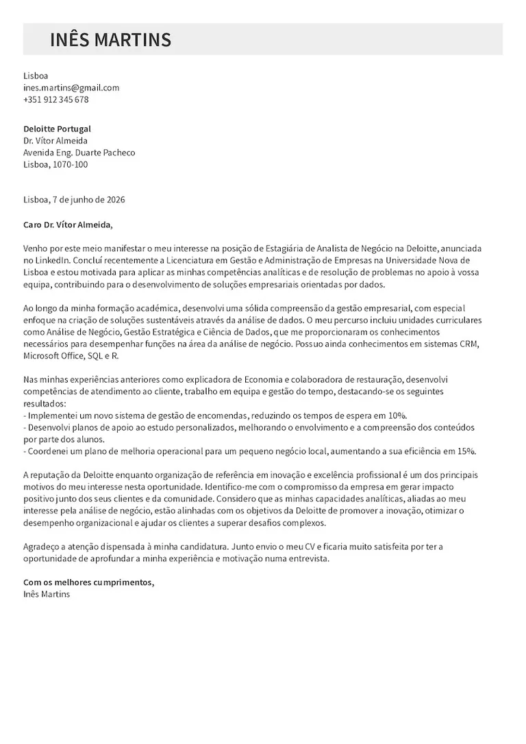 Exemplo de carta de apresentação para estágio