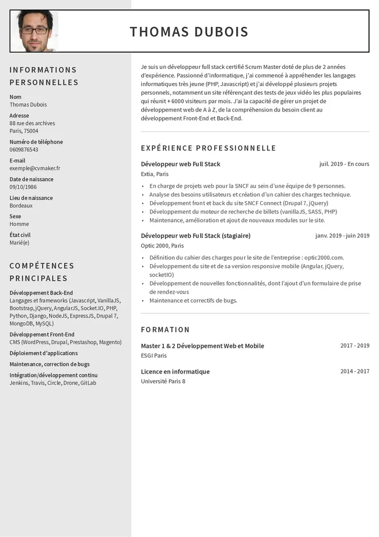 CV développeur web exemple