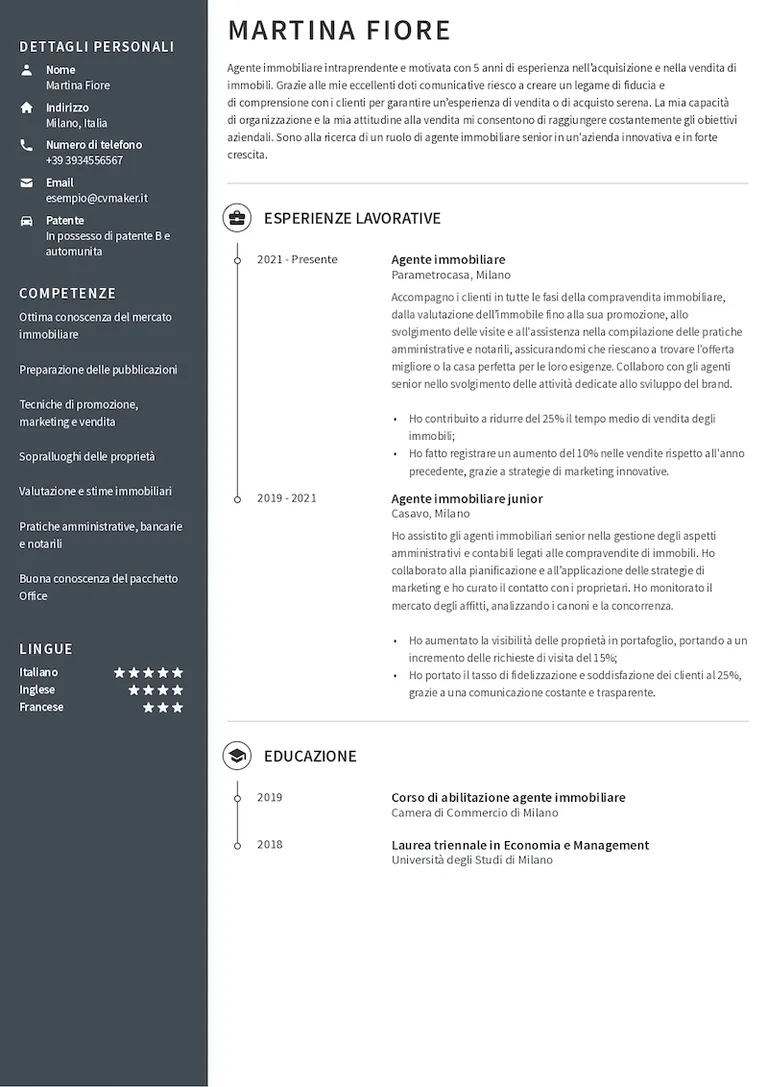 Esempio di curriculum per agente immobiliare