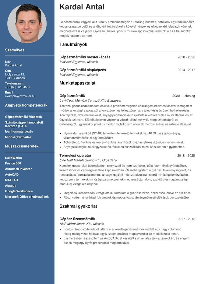 Mérnök önéletrajz minta