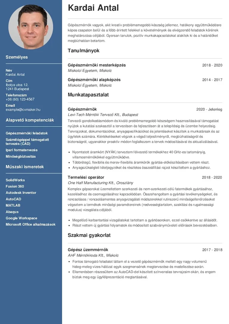 Mérnök önéletrajz minta
