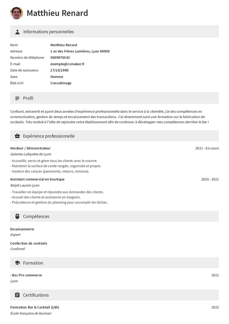 CV barman exemple
