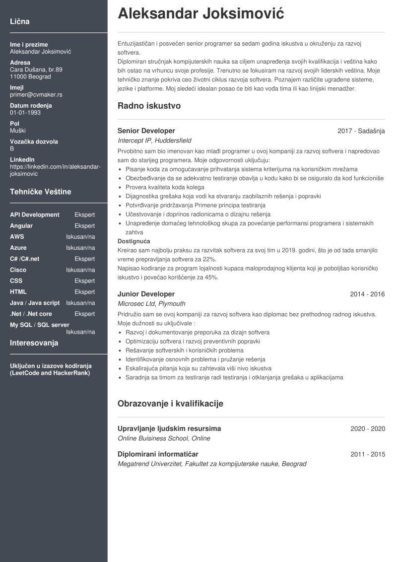 Cv za programere primer