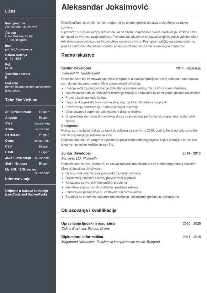 Cv za programere primer
