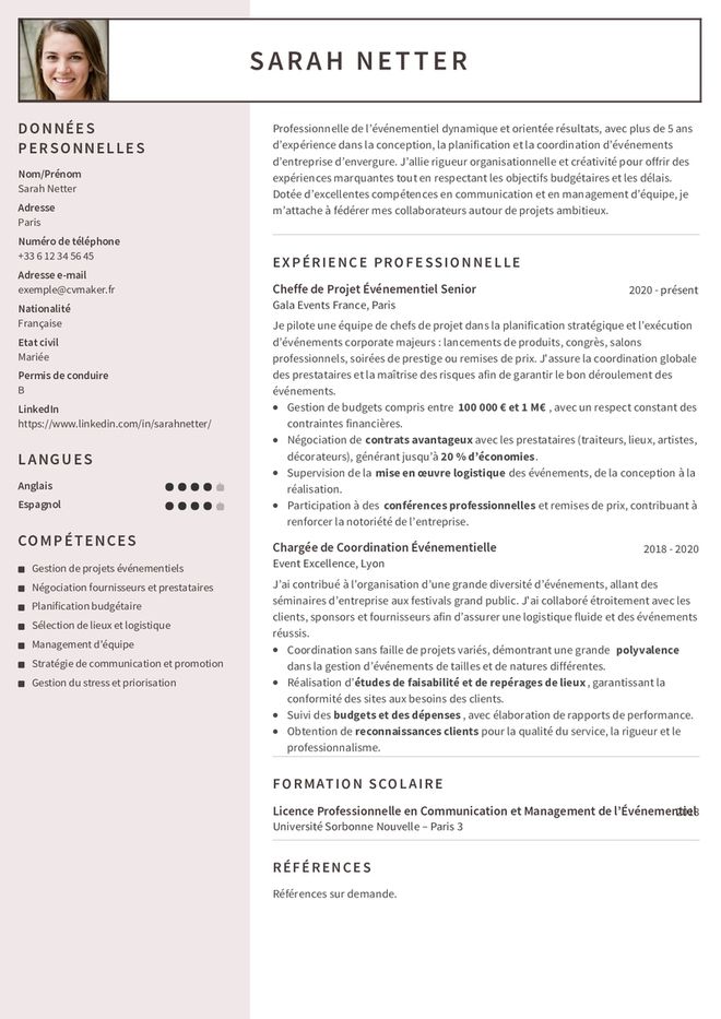 Modèles de CV Cheffe de projet événementiel