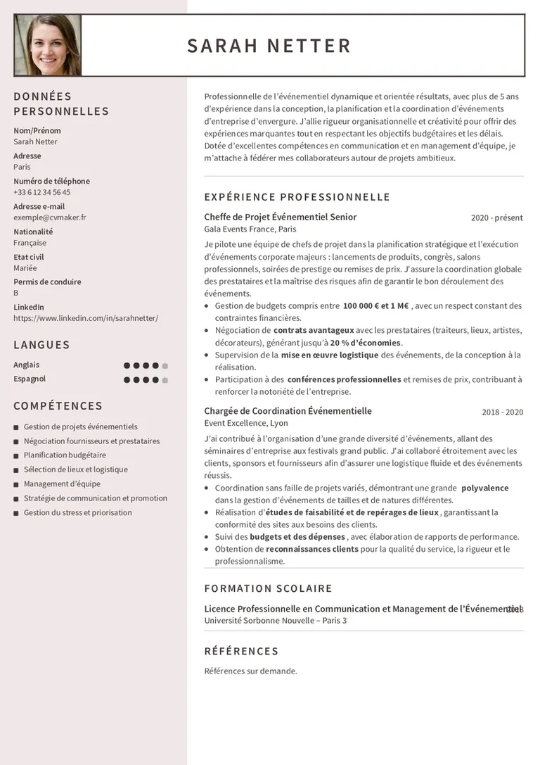 Modèles de CV Cheffe de projet événementiel