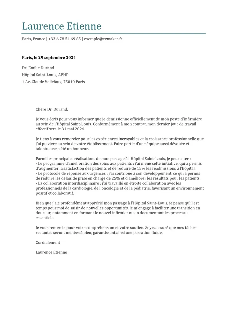 Exemple de lettre de démission Infirmier(ère)