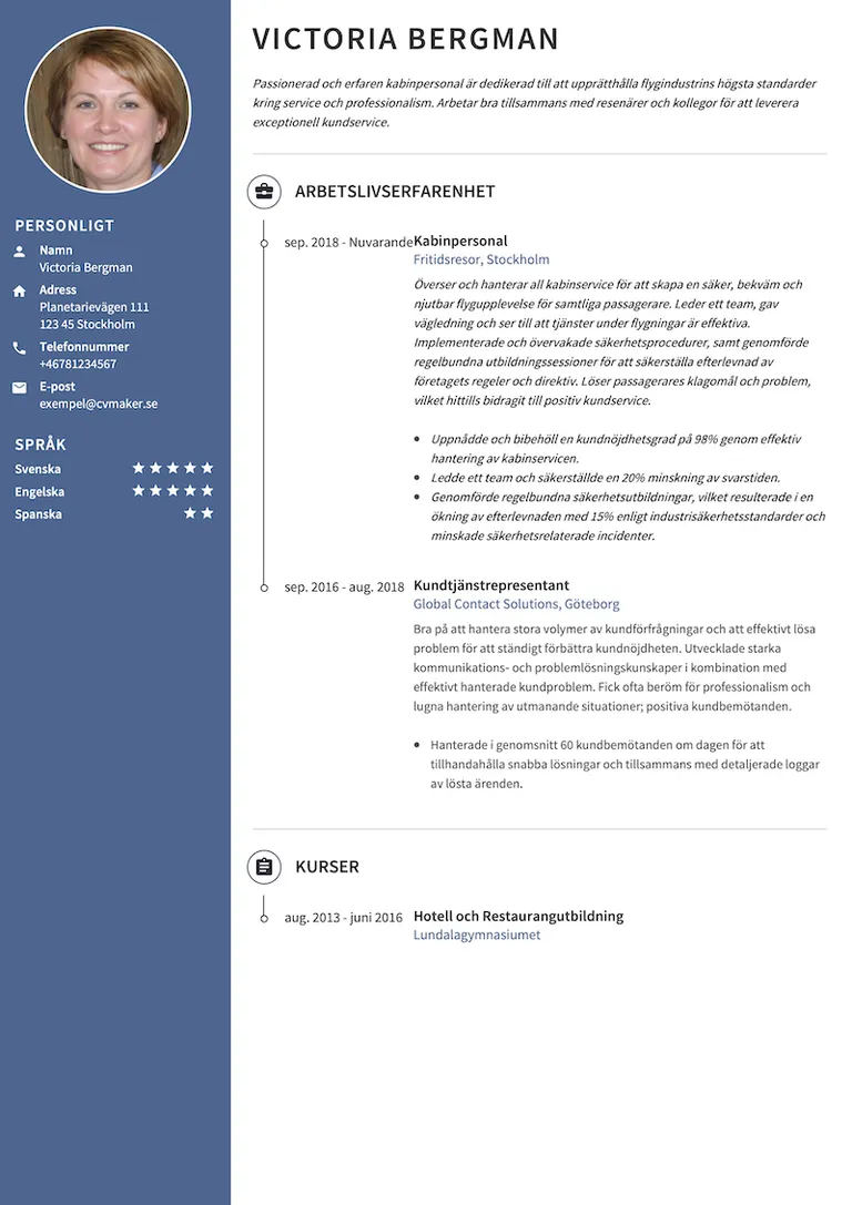Exempel på CV för kabinpersonal