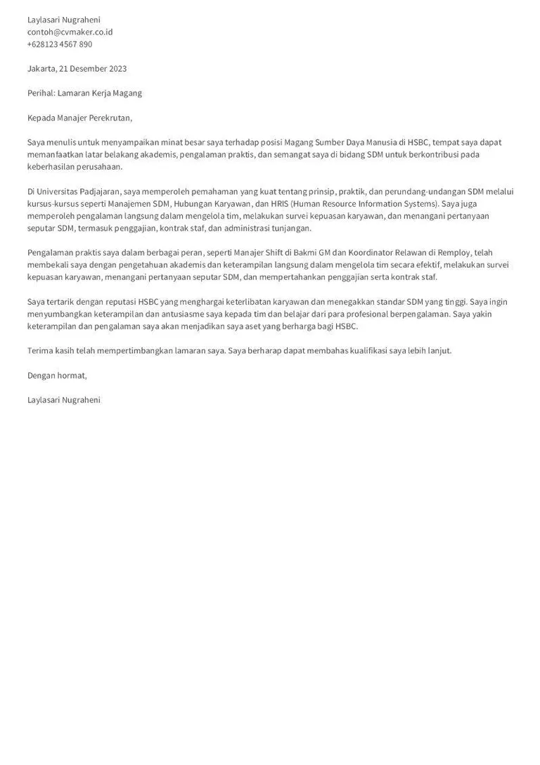 Contoh surat lamaran mahasiswa
