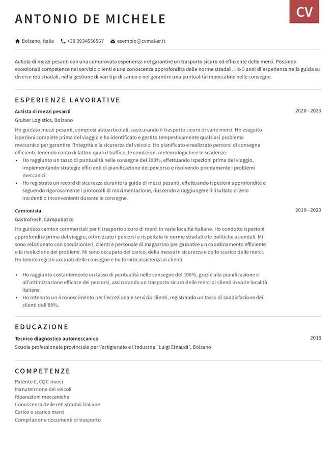 Esempio di curriculum da autista