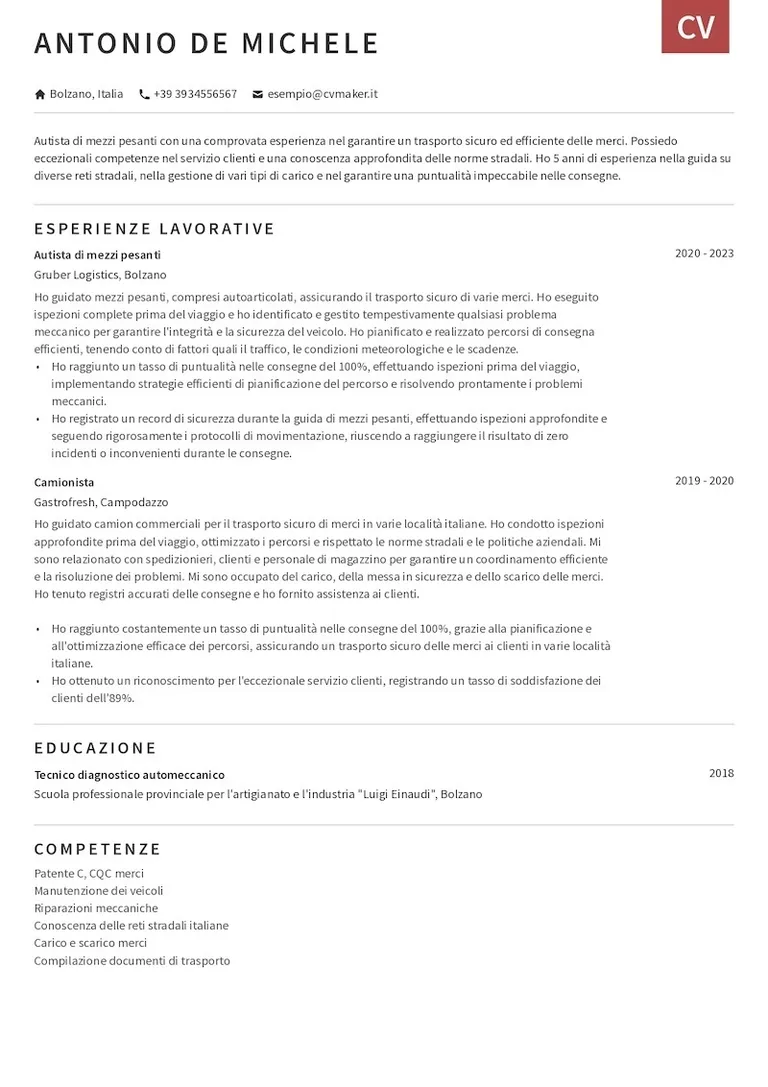 Esempio di curriculum da autista