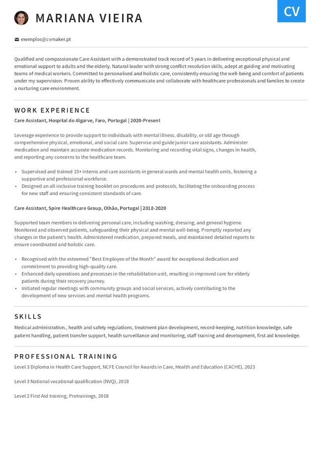 cv exemplo care assistant