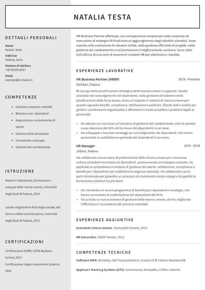 Esempio di curriculum per RH Manager