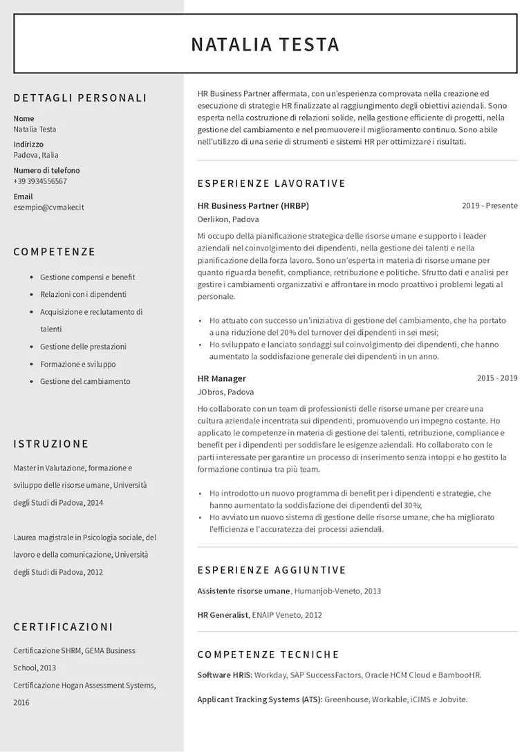 Esempio di curriculum per RH Manager