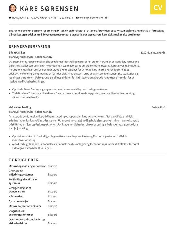 Eksempel på mekaniker CV