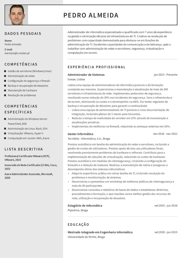 Exemplo de um curriculum vitae para informáticos