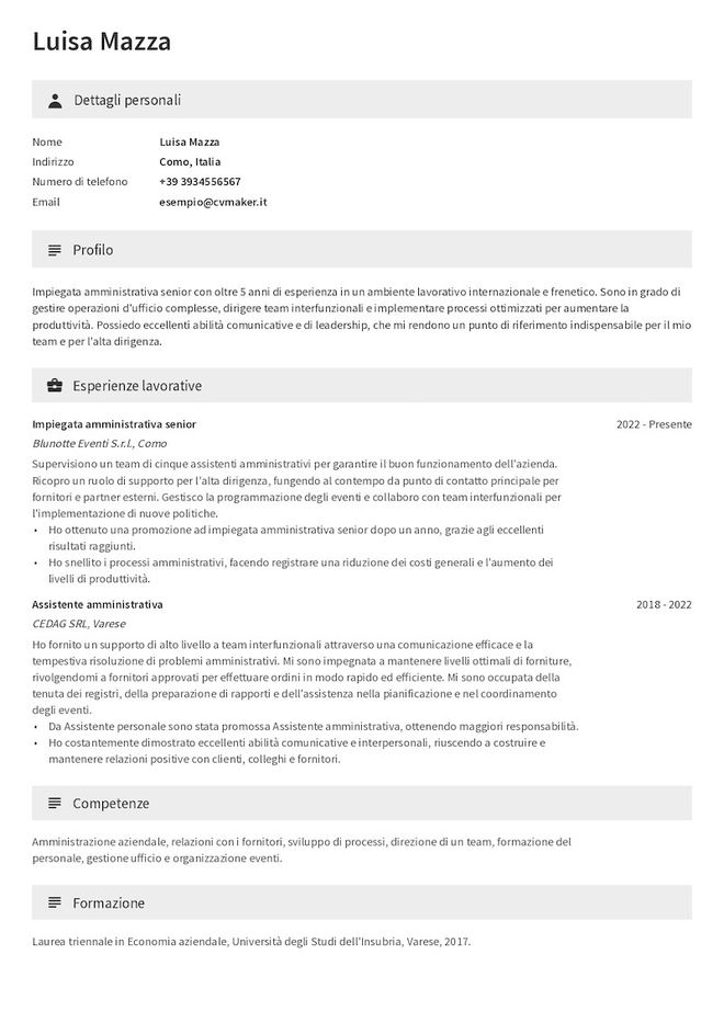Esempio di curriculum da assistente amministrativo