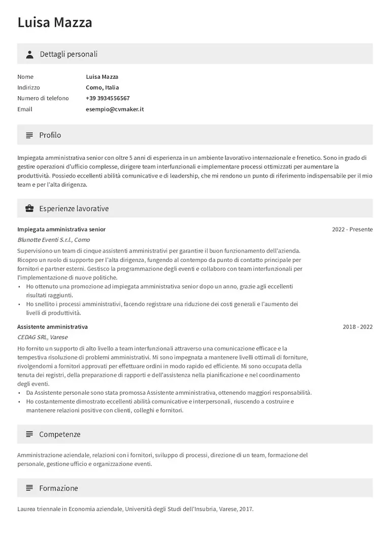 Esempio di curriculum da assistente amministrativo