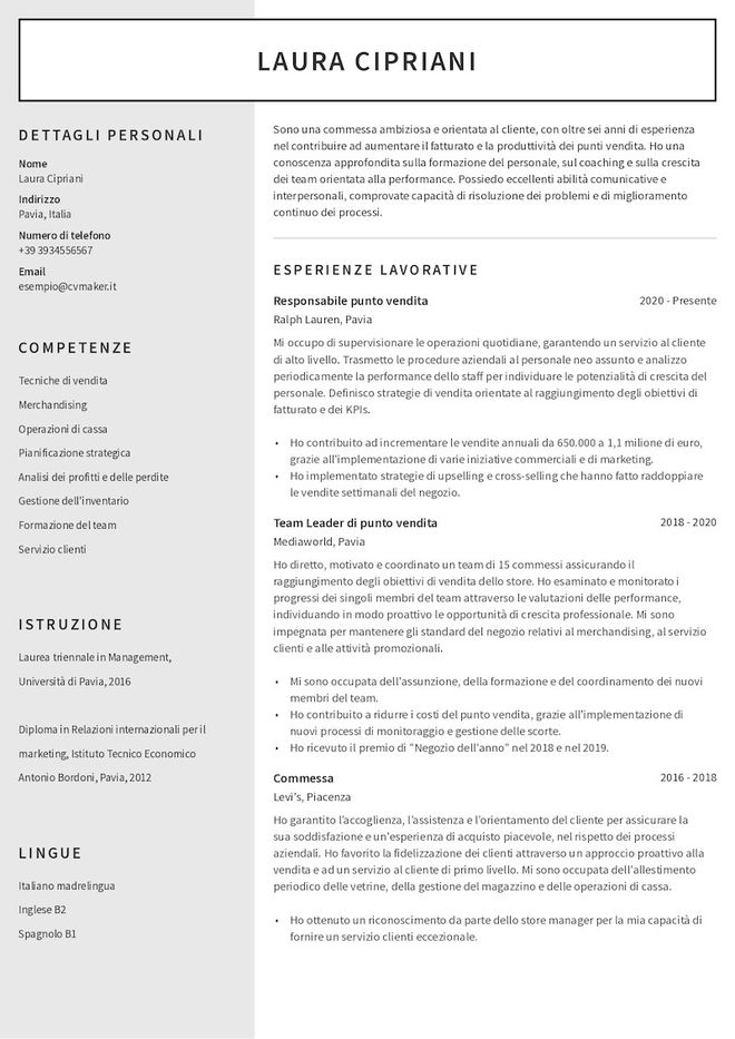 Esempio di curriculum da commessa