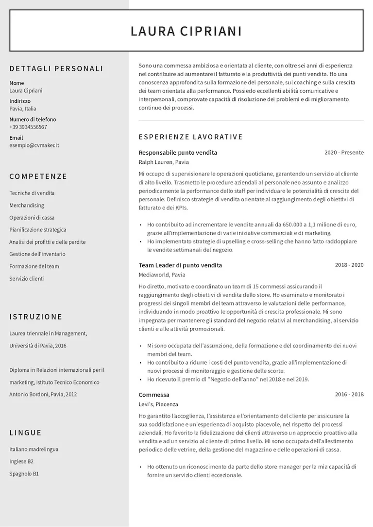 Esempio di curriculum da commessa