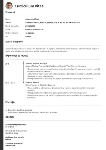 Exemplu Asistent Medical de CV