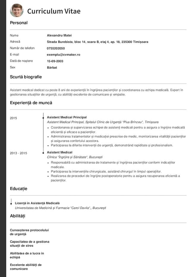 Exemplu Asistent Medical de CV