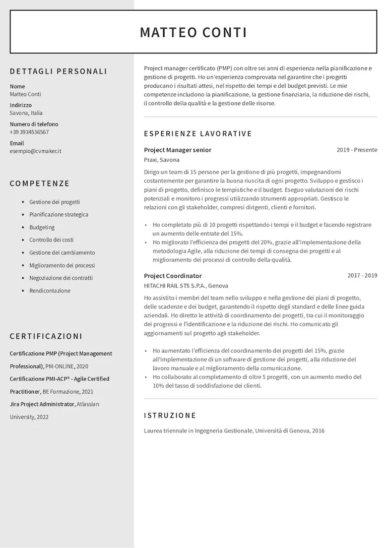 Esempio di curriculum per project manager