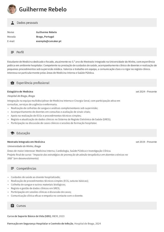 Exemplo de um currículo de estudante de medicina