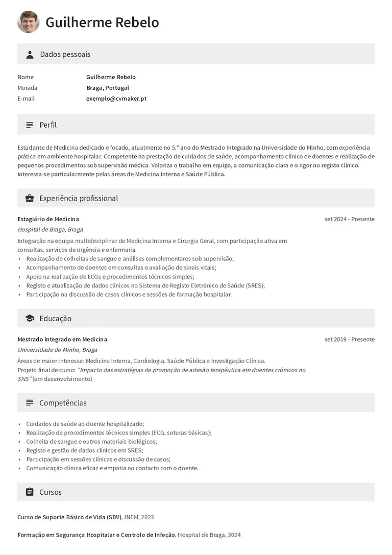 Exemplo de um currículo de estudante de medicina