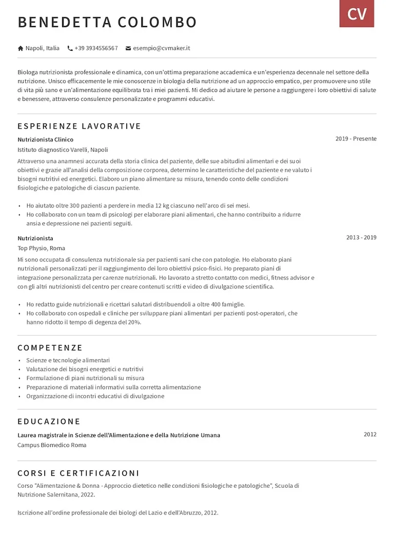 Esempio di curriculum per nutrizionista