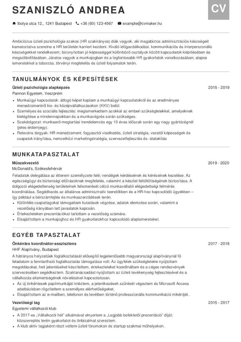 Diák önéletrajz minta
